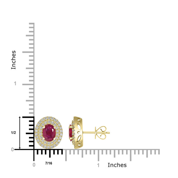 1.56ct Ruby Earrings with 0.48tct Diamond set in 14K Yellow Gold