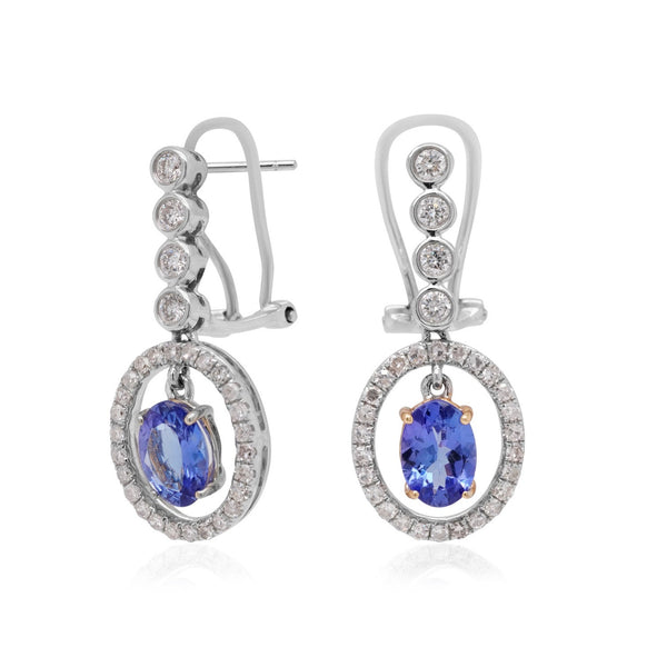 1.60tct Tanzanite earrings with 0.67tct diamonds set in 14K two tone gold