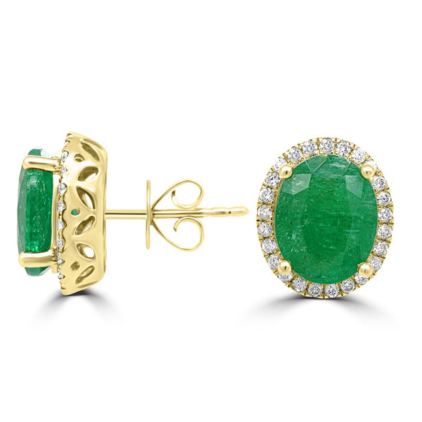 4.69Tct Emerald Stud Earrings With 0.36Tct Diamonds Set In 14K Yellow Gold