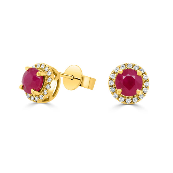 1.37Tct Ruby Stud Earrings With 0.17Tct Diamonds Set In 14K Yellow Gold