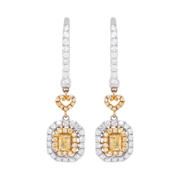 0.45ct Yellow Diamond earrings with 0.89ct diamonds set in 18K two tone gold