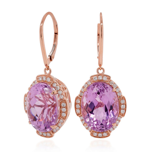 26.84ct Kunzite earrings with 0.62ct diamonds set in 14K rose gold