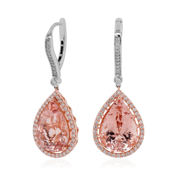 12.37ct Morganite earrings with 0.59ct diamonds set in 14K two tone gold