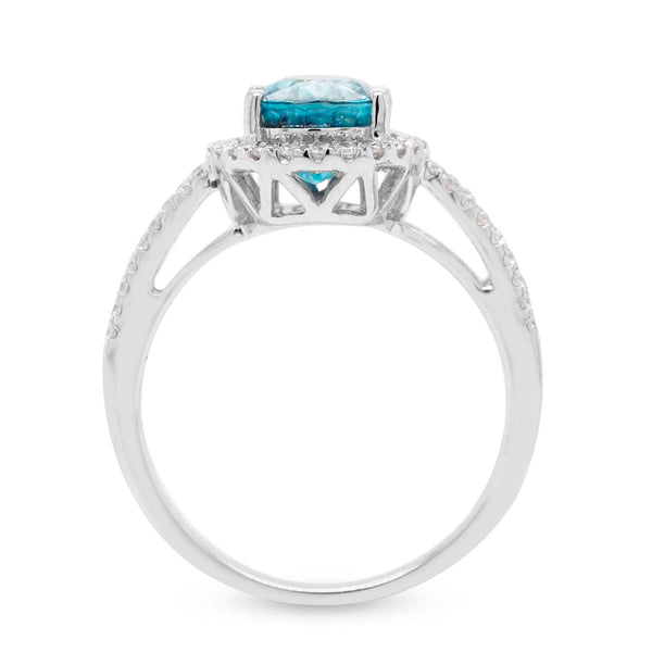 3.50ct Blue Zircon Ring With 0.34tct Diamonds Set In 14kt White Gold