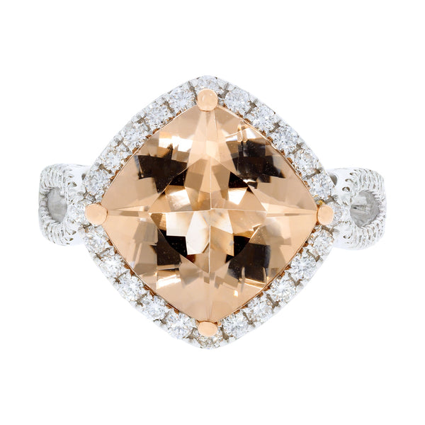 Peachy Pink 5.05Ct Morganite With 0.64Tct Diamond Halo In 14K Two Tone Gold Ring