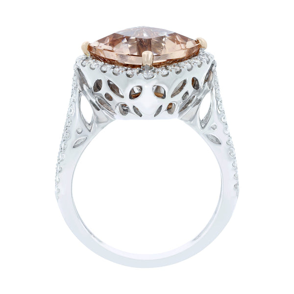 Peachy Pink 5.05Ct Morganite With 0.64Tct Diamond Halo In 14K Two Tone Gold Ring