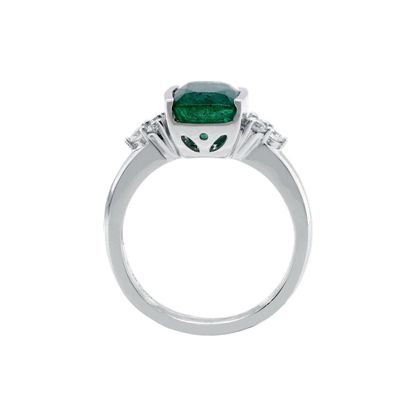 Deep Green 2.93Ct Cushion Cut Emerald Open Bezel Ring With 0.30Tct Diamond In 14Kt White Gold Ring