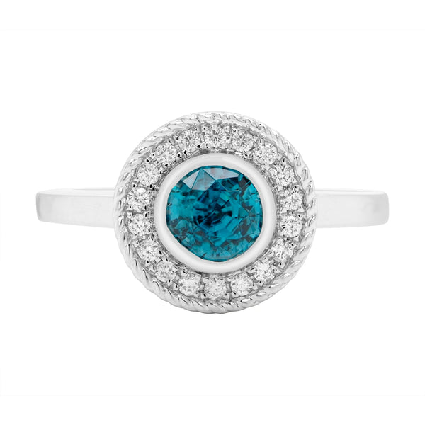1.79ct Blue Zircon Ring With 0.15tct Diamonds Set In 14kt White Gold