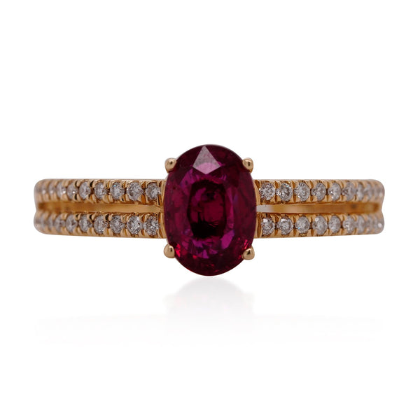 1.2ct Ruby ring with 0.23tct Diamond accents set in 14K yellow gold