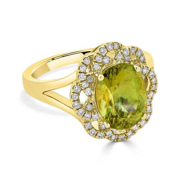 3.84ct Sphene ring with 0.26tct diamonds set in 14K yellow gold