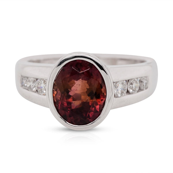 Bezel Set 2.45Ct Tourmaline Ring With 0.31Tct Diamond Channel Set Band In 14Kt White Gold