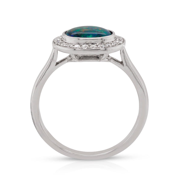 Bezel Set 0.75Ct Black Opal Ring With 0.17Tct Diamond Halo In 14Kt White Gold