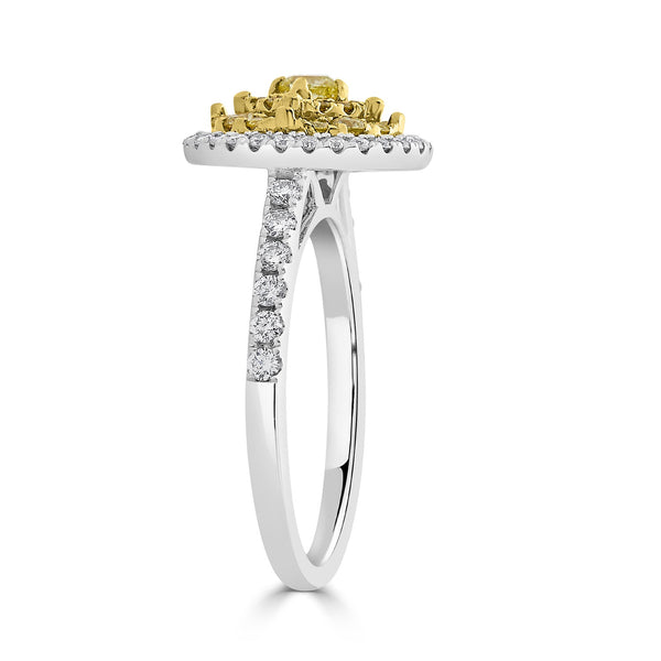 0.13tct Yellow Diamond ring with 0.68tct accent diamonds set in 18K two tone gold