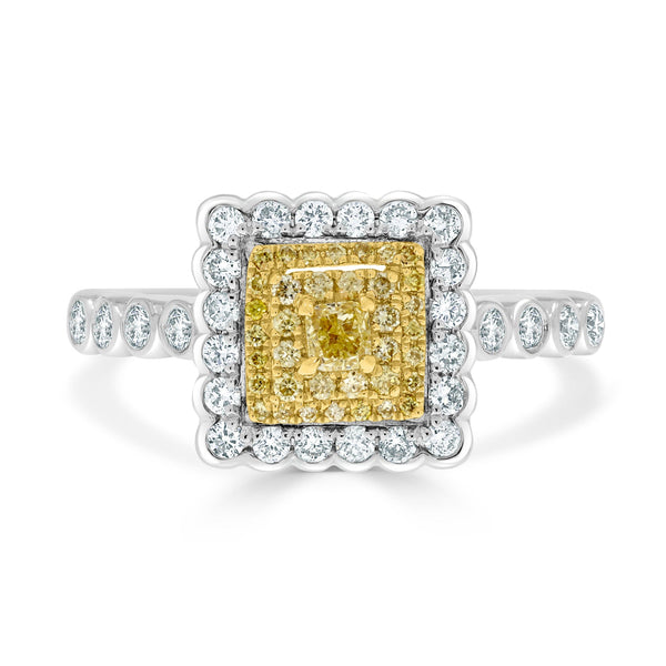 0.09tct Yellow Diamond ring with 0.52tct diamonds set in 18kt two tone gold