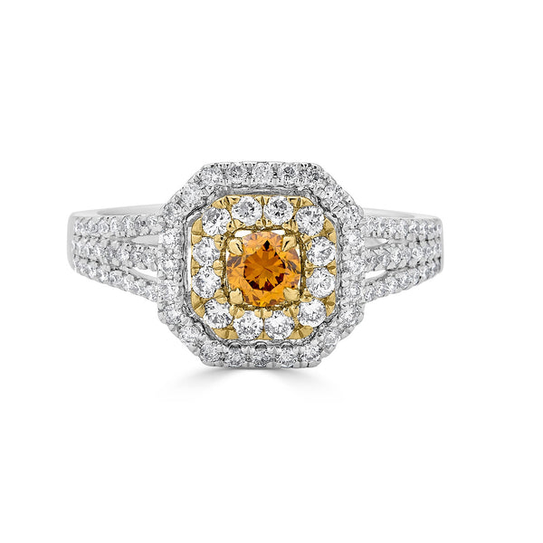 0.28ct Orange Diamond ring with 0.60tct diamonds accents set in 14K two tone gold