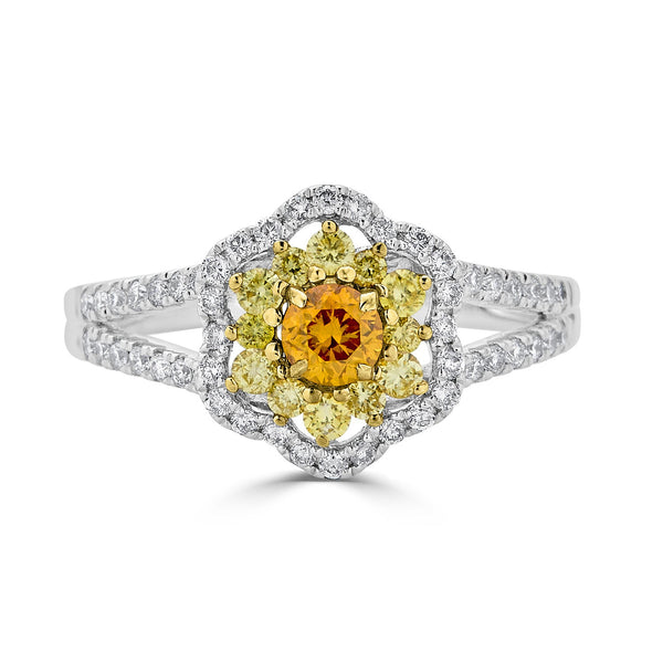 0.27ct Orange Diamond ring with 0.60tct diamonds accents set in 14K two tone gold