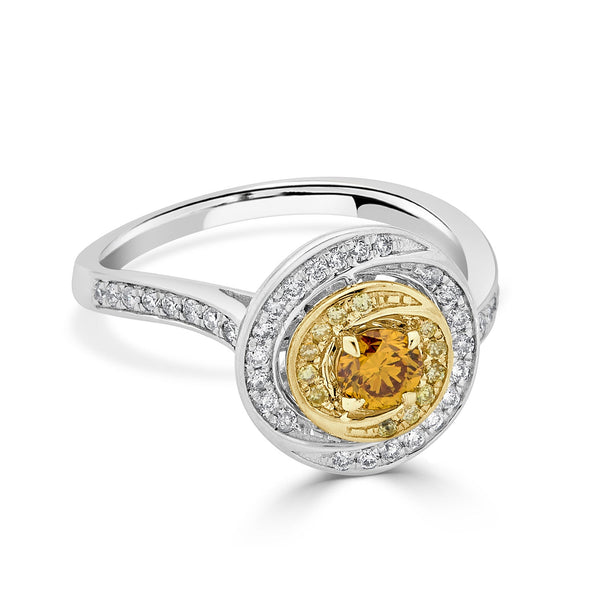 0.27ct Orange Diamond ring with 0.29tct diamond accents set in 14K two tone gold