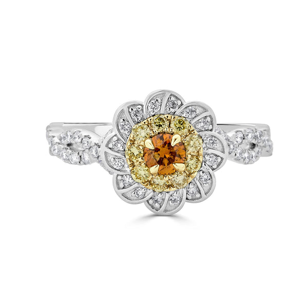 0.20ct Orange Diamond ring with 0.57tct diamond accents set in 14K two tone gold