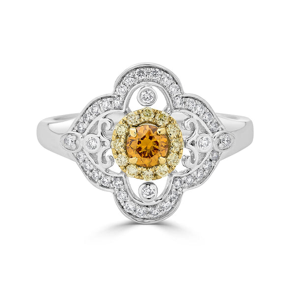 0.24ct Orange Diamond ring with 0.30tct diamond accents set in 14K two tone gold