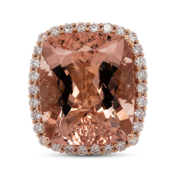 14K Rose Gold And 25.38Ct Morganite With 1.76Tct Diamond Halo Ring