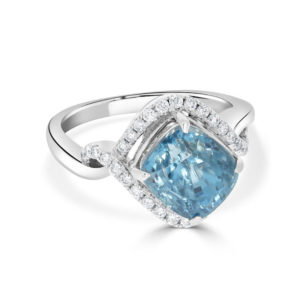7.12 Blue Zircon Rings with 0.34tct Diamond set in 14K White Gold