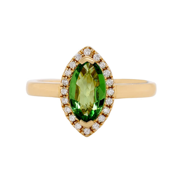 1.07Ct Tsavorite With 0.10Tct Diamond Halo In 14Kt Yellow Gold Ring