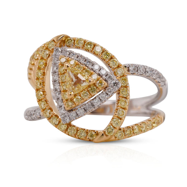 0.17Ct Trillion Yellow Diamond Ring With 0.73Tct Pave Diamond Set In 18Kt Two Tone Gold
