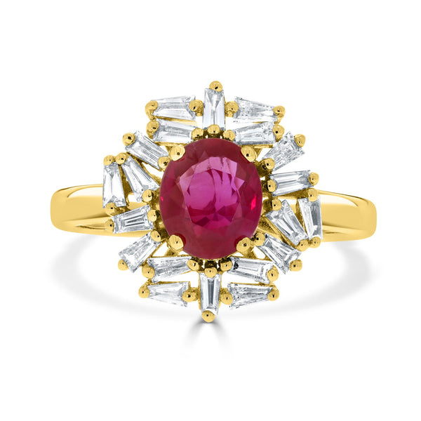 1.26ct Ruby Ring With 0.49tct Diamonds Set In 14kt Yellow Gold