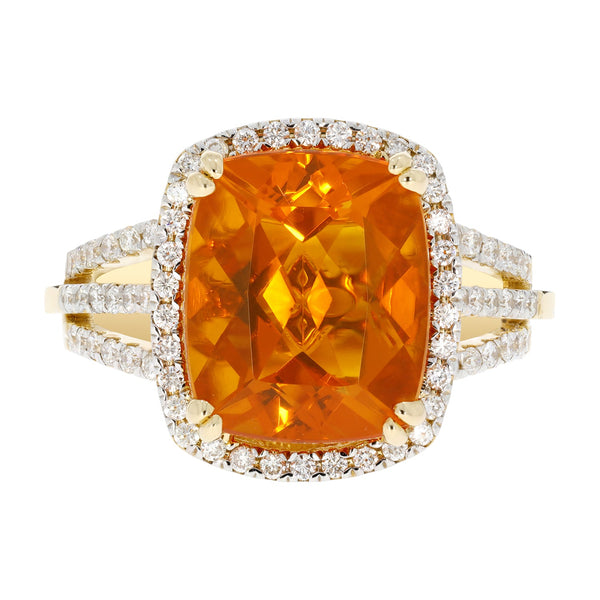 3.79ct Fire Opal Ring With 0.52tct Diamonds Set In 14kt Yellow Gold