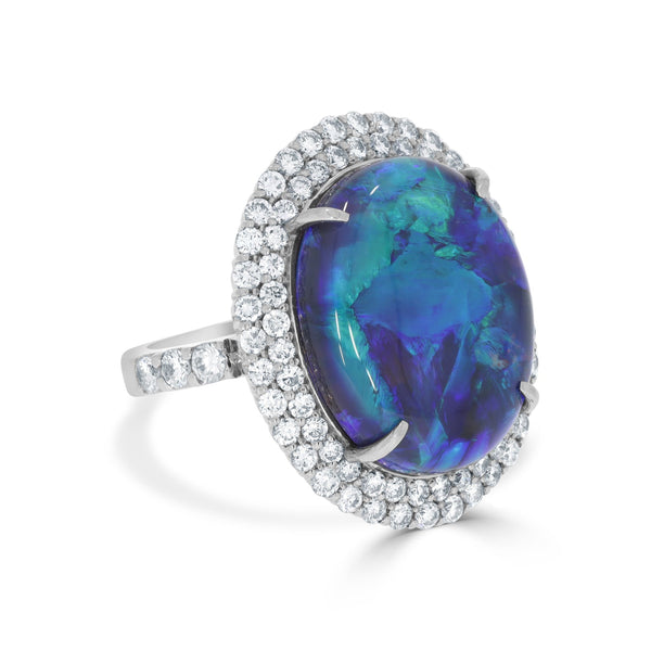 14.6ct Black Opal Ring With 1.83ct Diamonds Set In Platinum
