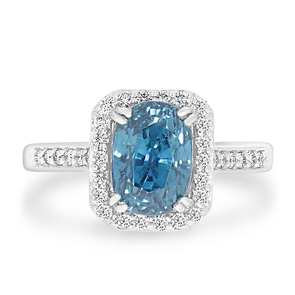 4.41ct Blue Zircon Ring with 0.35tct Diamonds set in 950 Platinum