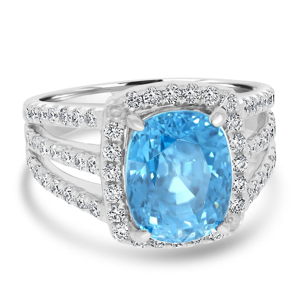 9.51ct Blue Zircon Ring with 1.01tct Diamonds set in 14K White Gold