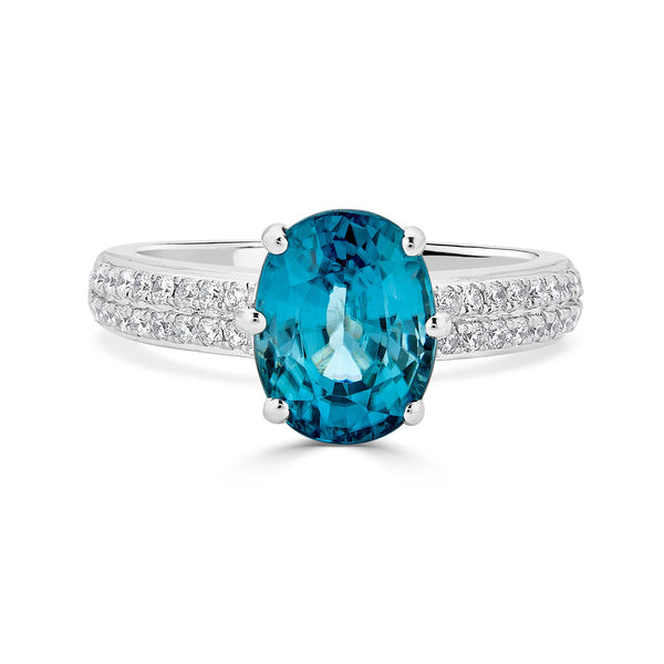 5.34Ct Blue Zircon Ring With 0.32Tct Diamonds Set In 14Kt White Gold