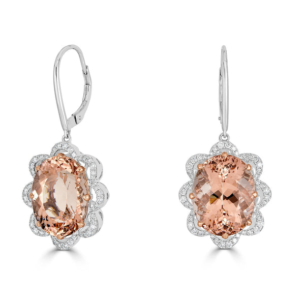 23.28tct Morganite Earrings with 0.81tct diamonds set in 14K two tone gold