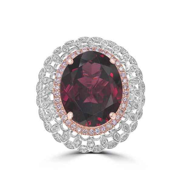 13.97ct  Rhodolite Garnet Rings with 0.73tct Diamond set in 18K Two Tone Gold