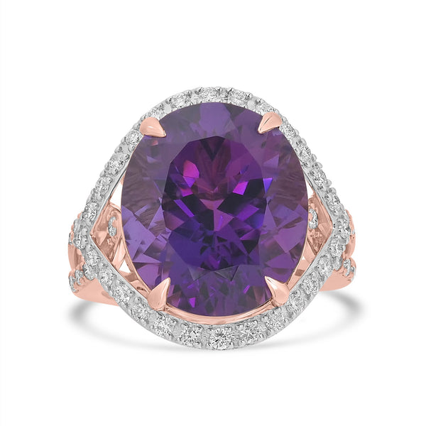 12.1ct  Amethyst Rings with 0.73tct Diamond set in 18K Two Tone Gold