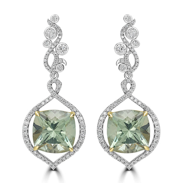 12.2tct Prasiolite Earrings with 1.2tct Diamond set in 18K Two Tone Gold