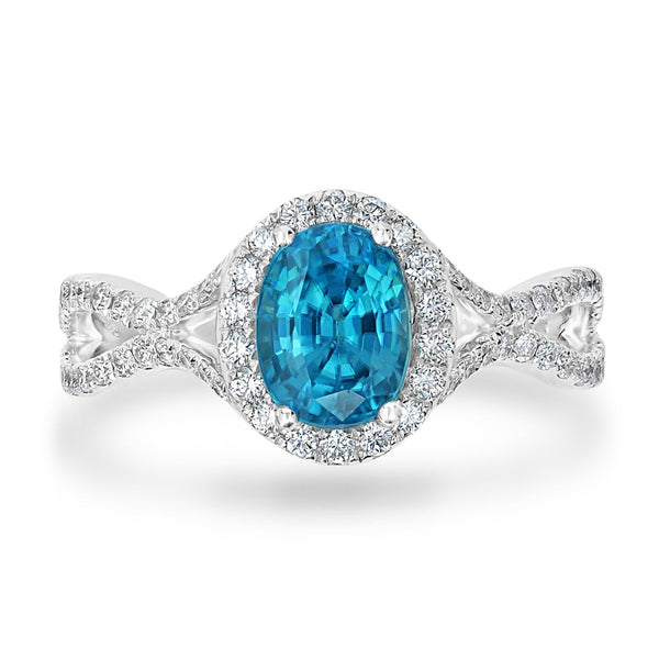 2.25ct Blue Zircon Ring with 0.45tct Diamonds set in 14K White Gold