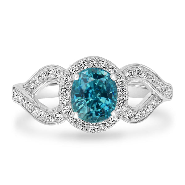 2.05ct Blue Zircon Ring with 0.28tct Diamonds set in 14K White Gold