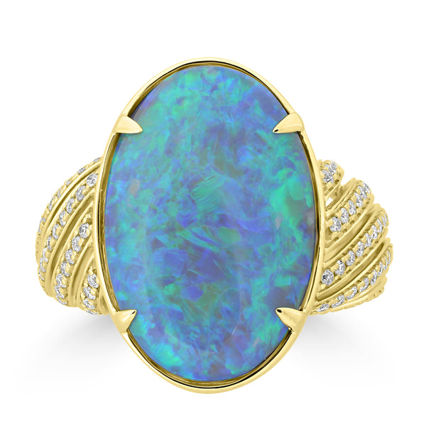 10.15ct Black Opal Rings with 0.41tct Diamond set in 18K Yellow Gold