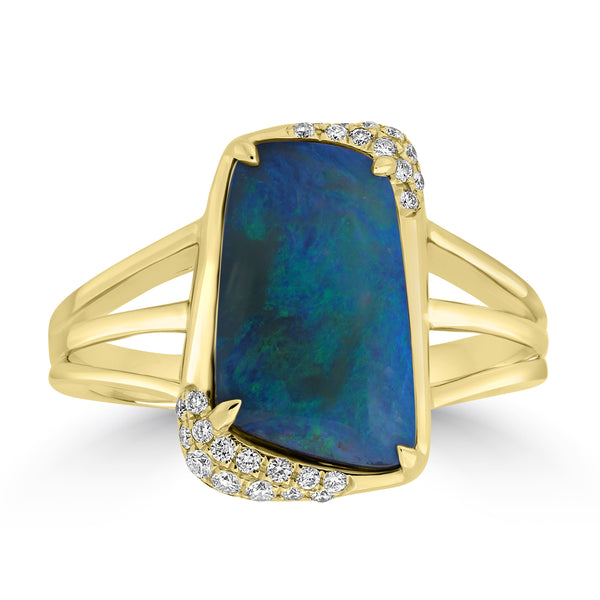 3.97ct Black Opal Rings with 0.12tct Diamond set in 18K Yellow Gold