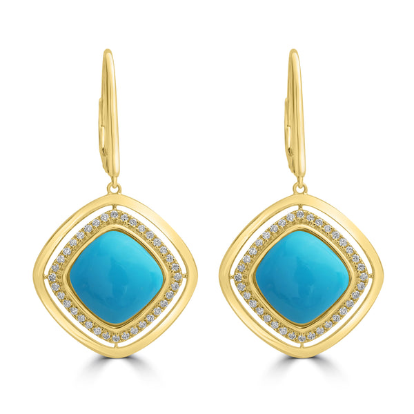 6.91ct Turquoise Earrings with 0.31tct Diamond set in 18K Yellow Gold
