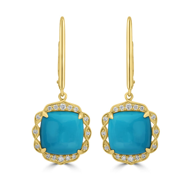 7.25ct Turquoise Earrings with 0.25tct Diamond set in 18K Yellow Gold