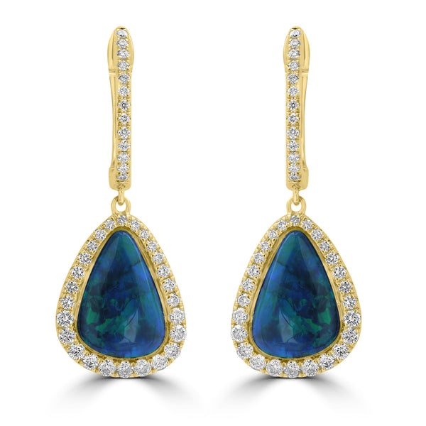 6.19ct Black Opal Earrings with 0.73tct Diamond set in 18K Yellow Gold