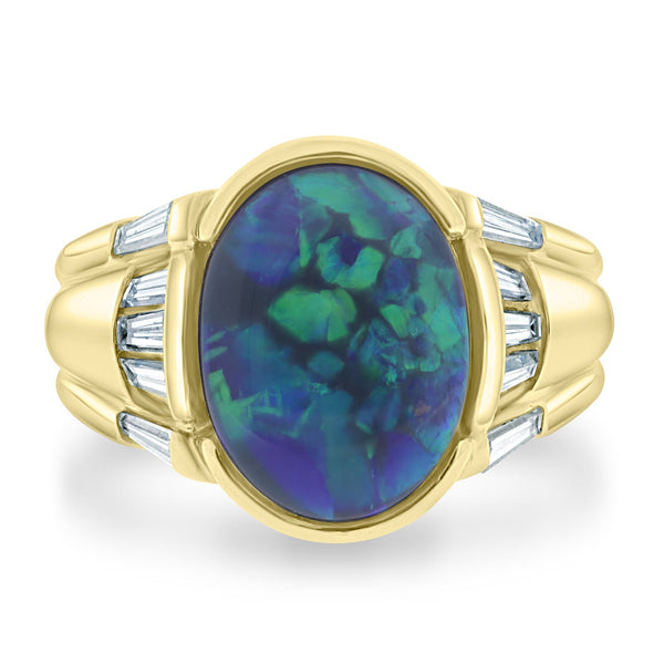 4.62ct Black Opal Ring with 0.69tct Diamonds set in 18K Yellow Gold