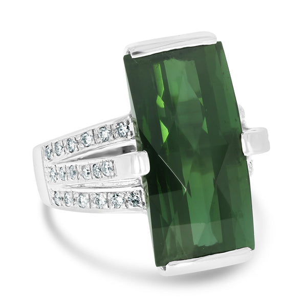 12.69ct Green Tourmaline Ring with 0.34tct Diamonds set in Platinum